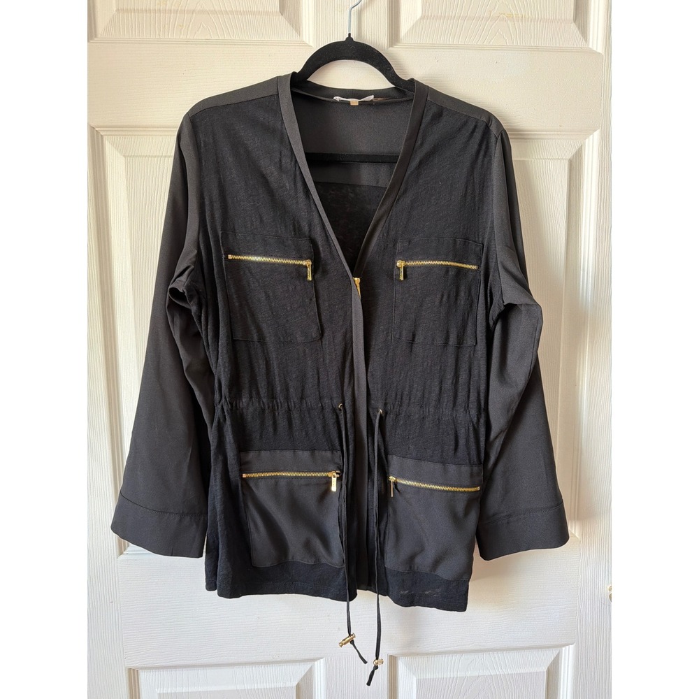 Calvin Klein Utility Jacket Women Medium Black Linen Mix Gold Zip Safari